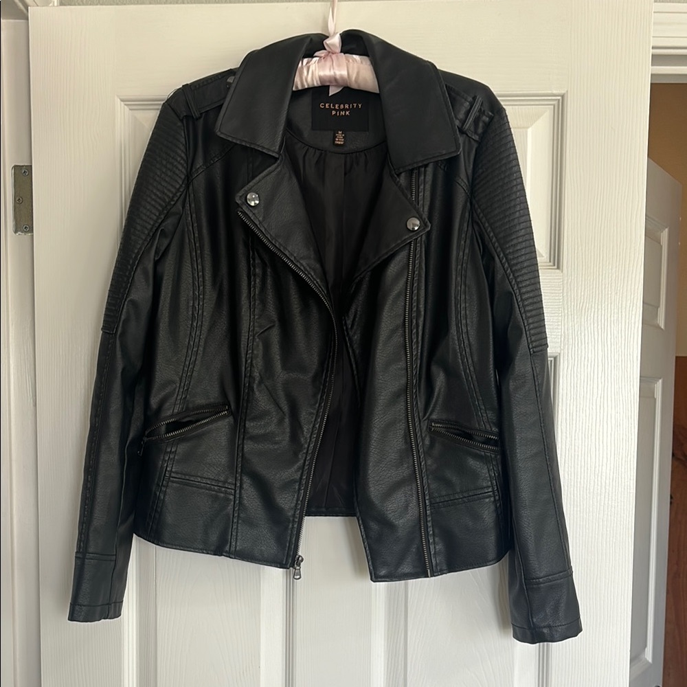 Celebrity Pink Black Leather Moto Jacket